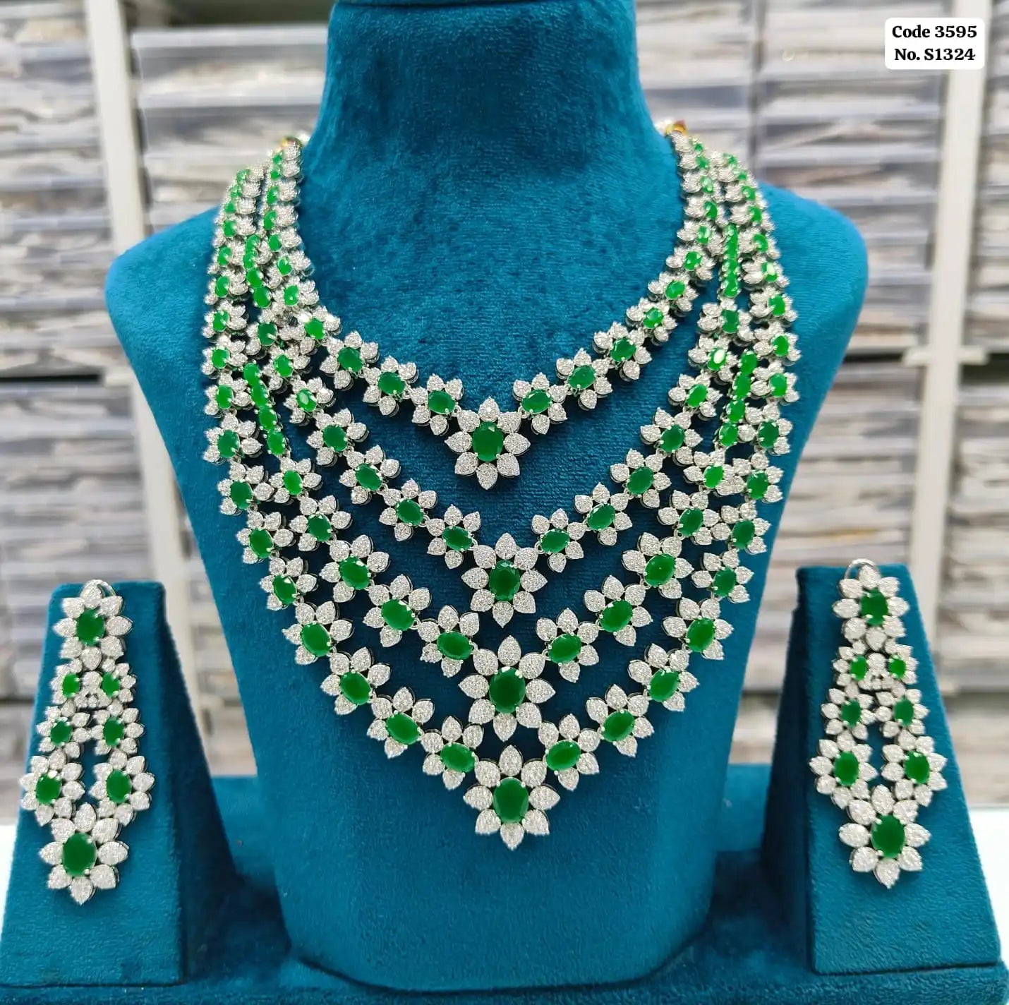 Elegant Emerald Green & AD Accented Multi-Tiered Step Necklace Set with Earrings Set For Women