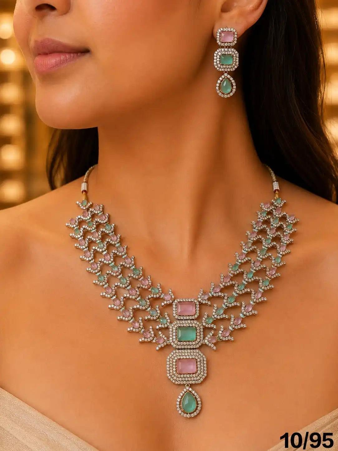 Designer Silver Plated Pastel Pink Green CZ Necklace Set with Earrings Bridal Wedding & Party Wear Fashion Jewelry Set For Women