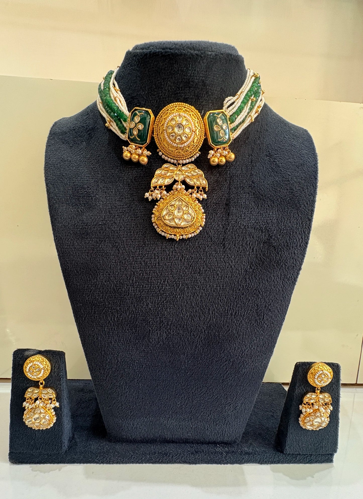 TISHYA DIAMOND Gold Plated Copper Alloy Ethnic Bezel Set Choker Necklace Set Onyx Stones Strand Tassel Women Wedding Hinduism