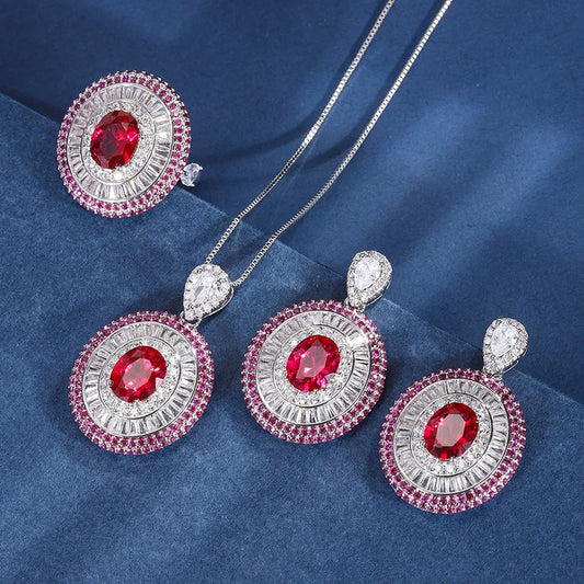 Gemfiori New Luxury Vintage Timeless Triple Layer Halo Design Jewelry Set for Women Oval Cut Blue Gem Halo Pendant Necklace Earrings Ring