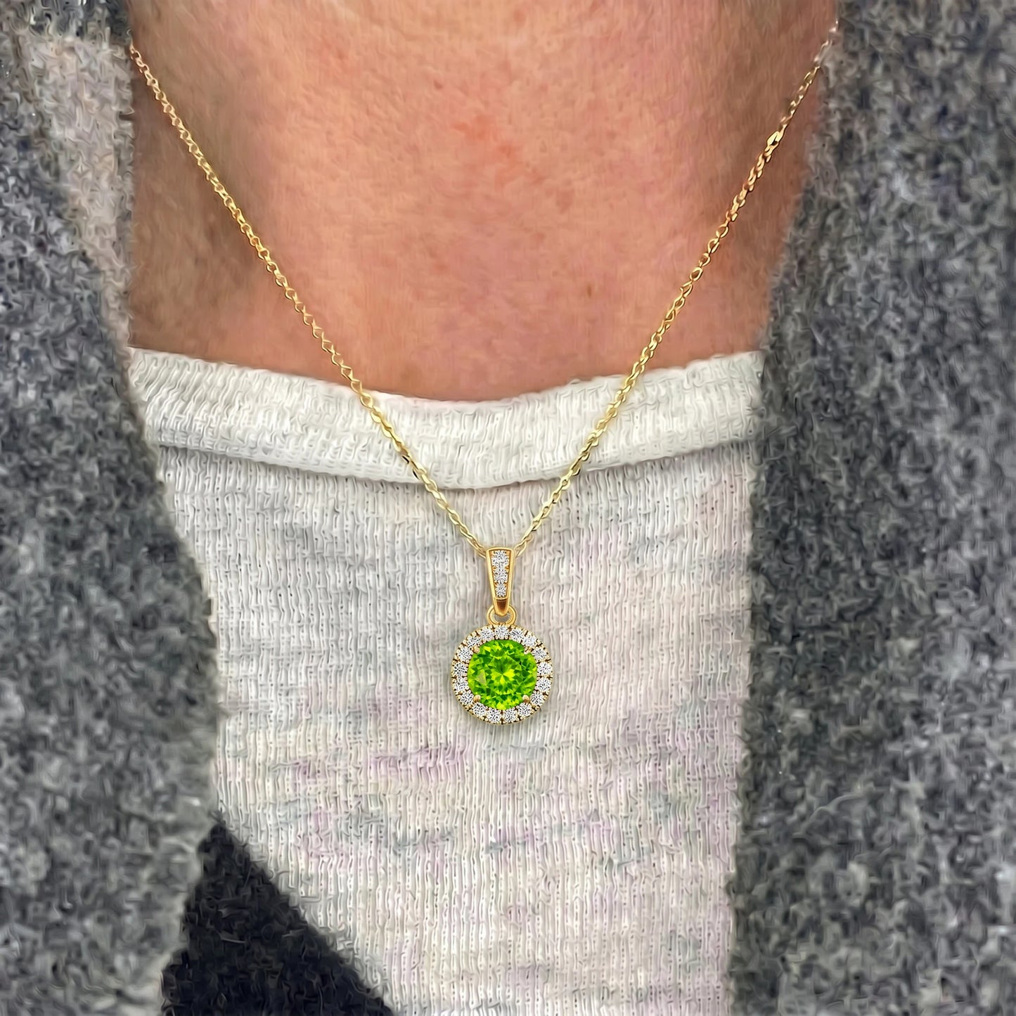 Natural Peridot Charm's Pendant in 14k Gold With Natural IGI Certified Diamond Handmade Round Peridot Charm's Pendant Necklaces