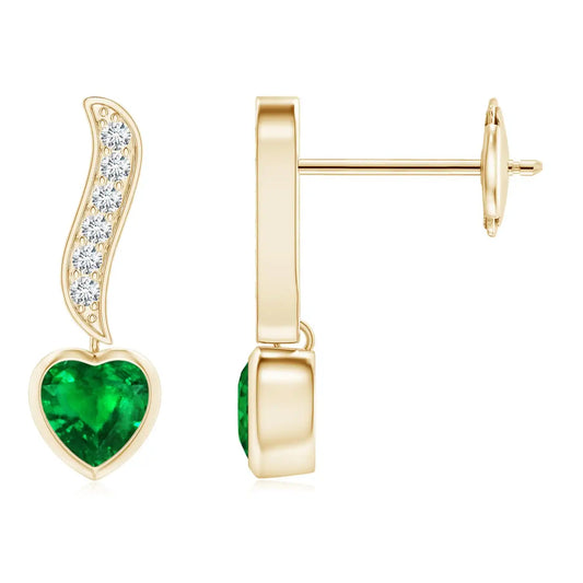 Heart Shape Emerald Diamond Drop Earrings in 14K Yellow Gold, Romantic Emerald Dangle Earrings, Fine Jewelry Gift for Fiance