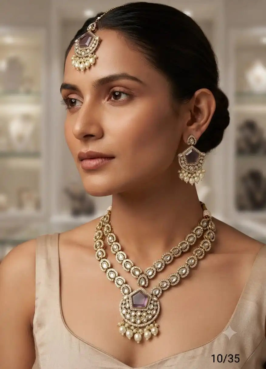 Traditional Antique Gold Plated Kundan Pearl Necklace Set with Ruby Stone Earrings Bridal Wedding Party Wear Jewelry Set For Wom
