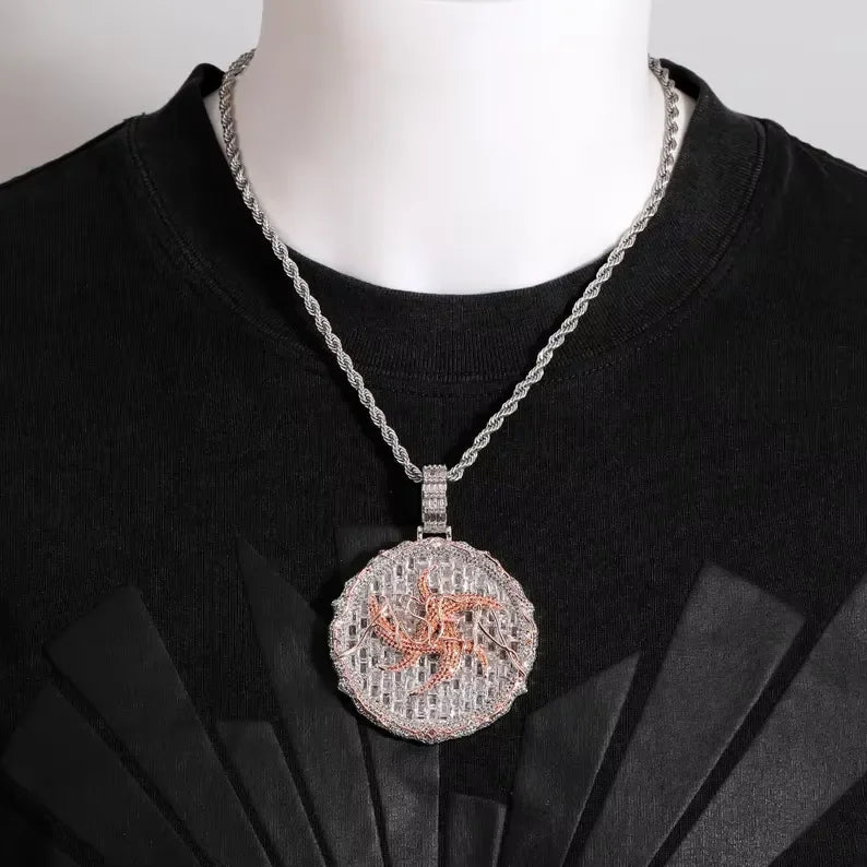 BiG-BOSS Iced Out Round Flame Moissanite Pendant with Bezel Setting in Silver and Rose Gold Tone Hip Hop Jewelry for Men and Women