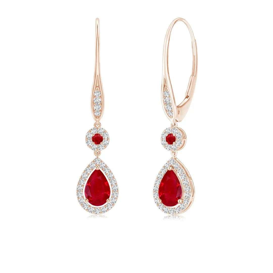 Pear Cut Ruby Halo Drop Dangle Earrings With Natural Diamond Accents 14kt Yellow Gold Women's Bridal Jewelry