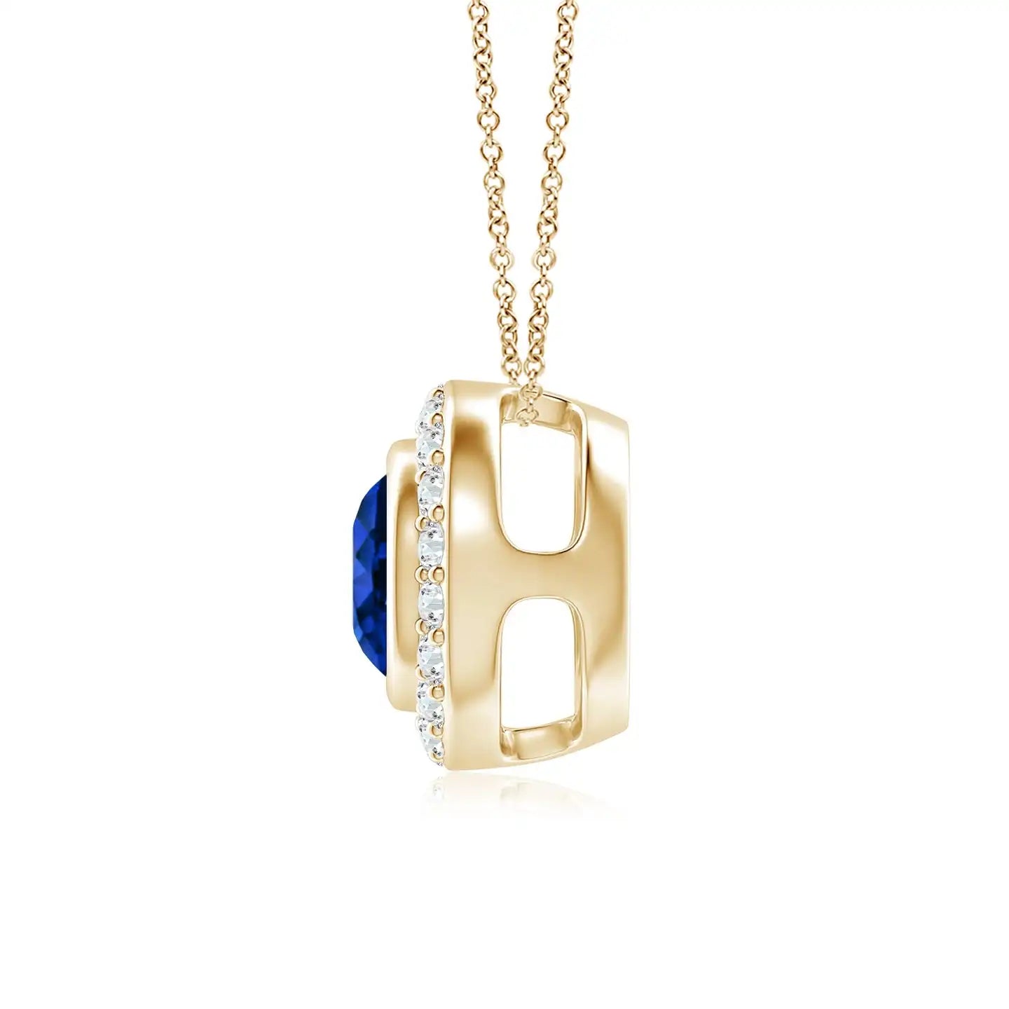 14k Solid Gold Round Cut Bezel-set Natural Blue Sapphire Pendant With Diamond Halo Igi Certified Precious Gemstone Gold Pendant