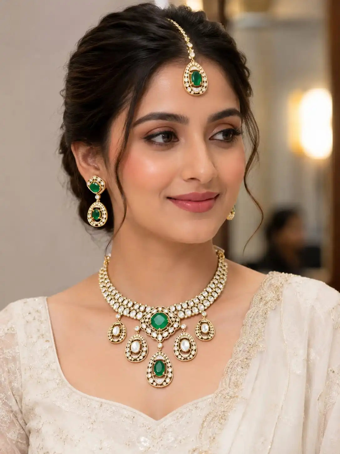 Luxury Emerald Kundan Necklace Set for Women Gold Plated CZ Bridal Wedding Party Traditional Jewelry with Earrings For Women Set