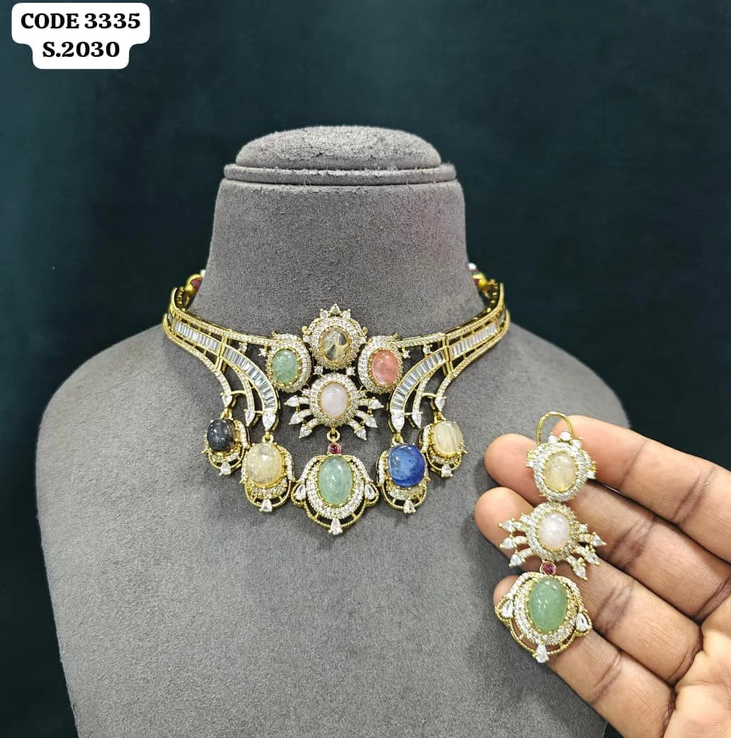 Luxury Multi Stone Bridal Choker Necklace Set for Women Wedding Party Designer Ethnic Jewelry Gift Collection Premium Set