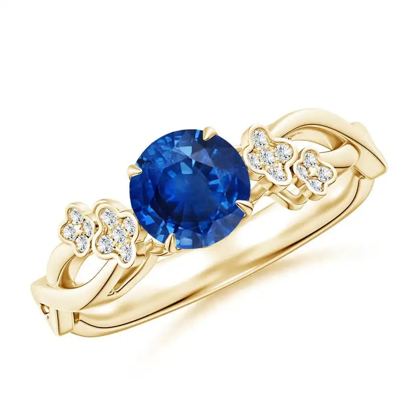 Nature-Inspired Round Blue Sapphire Floral Engagement Ring Handmade Customized Fine Jewelry Wedding Engagement 14K Solid Gold