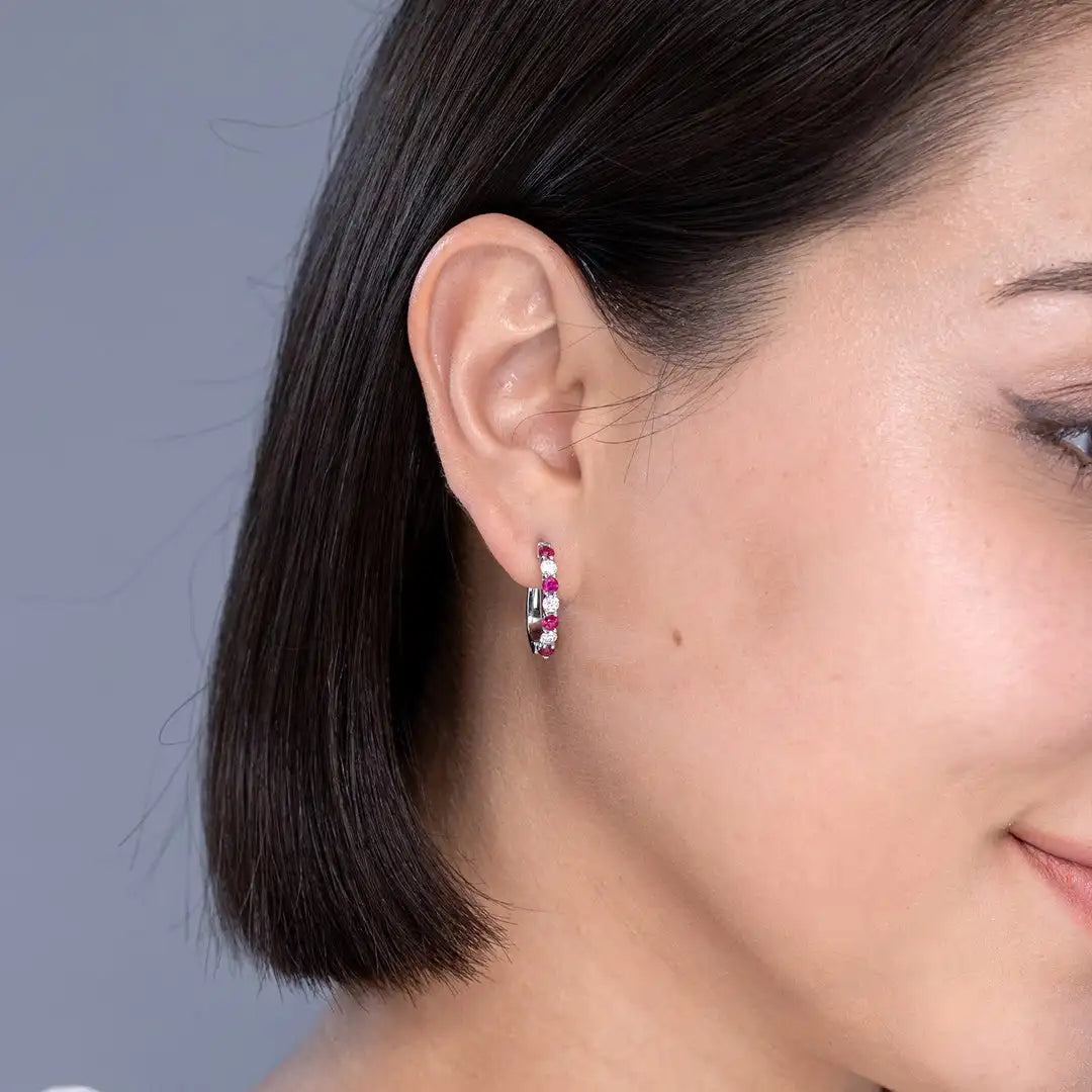 14kt Solid Gold Hoop Earrings Ruby With Round Brilliant Cut Diamonds And Red Gemstones Prong Setting Women's Jewelry