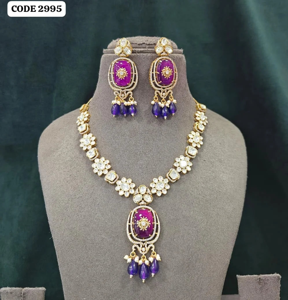 Luxury Purple Kundan Floral Pendant Necklace Set with American Diamond Gold Plated Bridal Wedding Party Wear Jewelry for Women