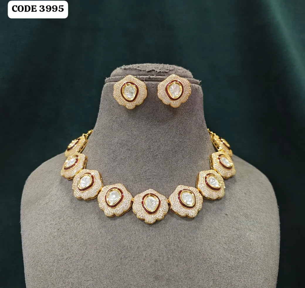 Luxury Floral Kundan Choker Necklace Set with American Diamond Gold Plated Bridal Wedding Party Wear Jewelry Set For Women