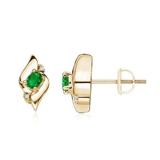 14Kt Yellow Gold Oval Emerald Diamond Twist Stud Earrings, Natural Emerald Fine Jewelry OEM ODM Manufacturer Jewelry