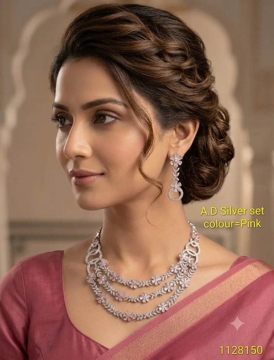 Luxury Ethnic Pink Triple Layer Floral AD Silver Zircon Necklace Earring Set Premium Wedding Party Wear Jewelry Matching Women