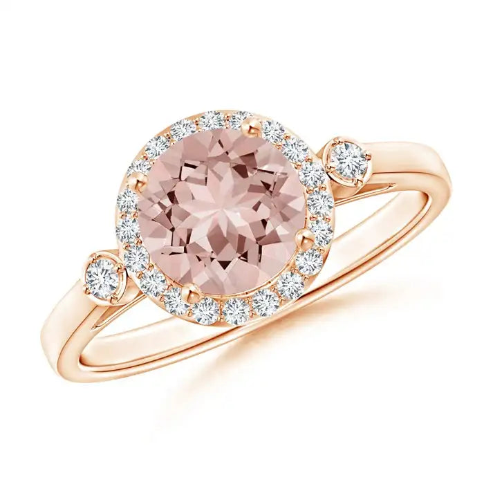 14K Solid Gold Classic Prong-Set Round Morganite and Diamond Halo Ring Handmade Customized Fine Jewelry Wedding Engagement