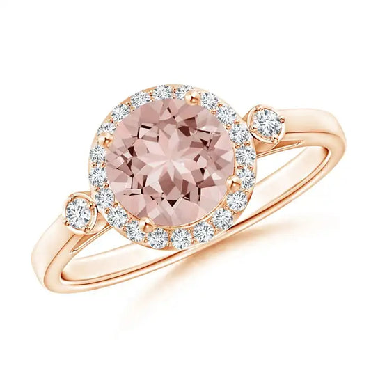 14K Solid Gold Classic Prong-Set Round Morganite and Diamond Halo Ring Handmade Customized Fine Jewelry Wedding Engagement