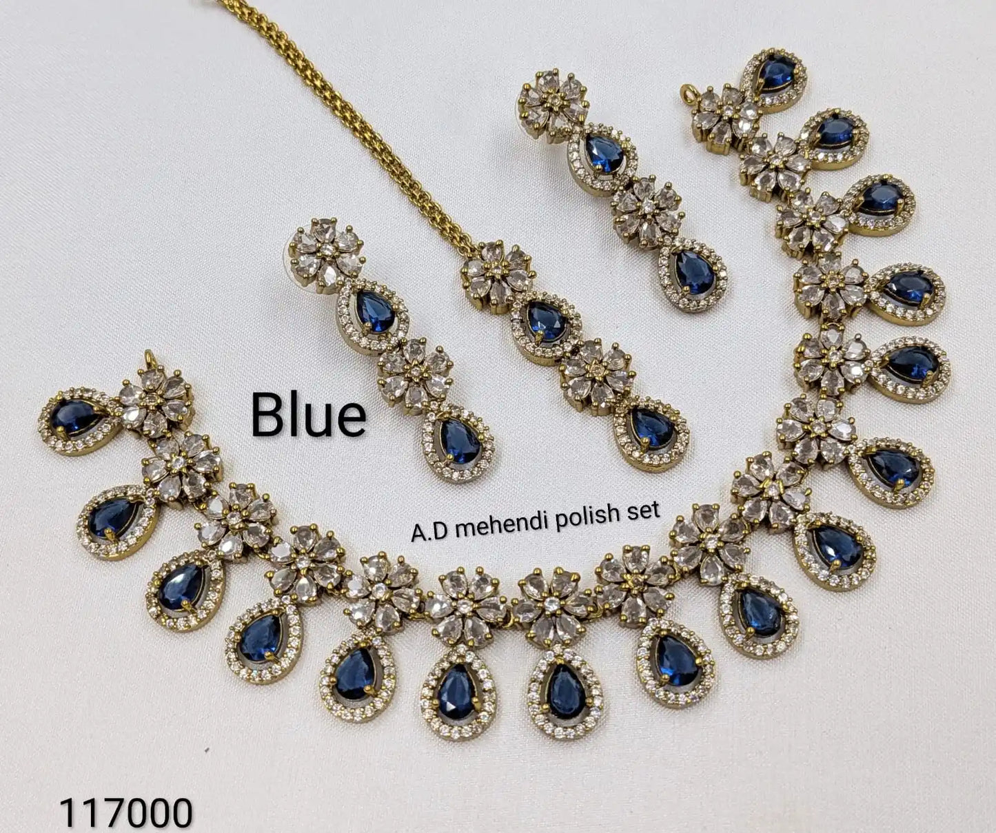 AD Green Mehendi Polish Necklace Set with Earrings and Maang Tikka, Bridal Artificial Jewellery, American Diamond Floral Design