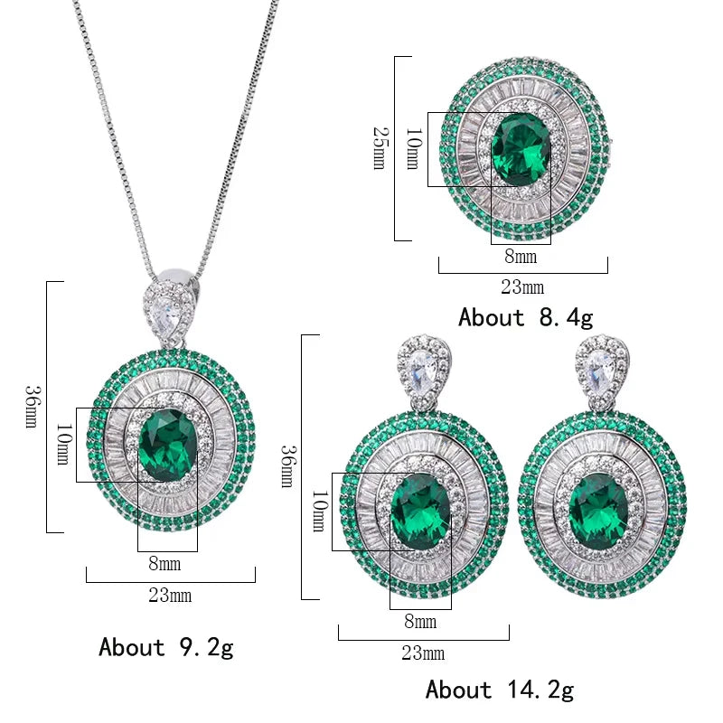 Gemfiori New Luxury Vintage Timeless Triple Layer Halo Design Jewelry Set for Women Oval Cut Blue Gem Halo Pendant Necklace Earrings Ring