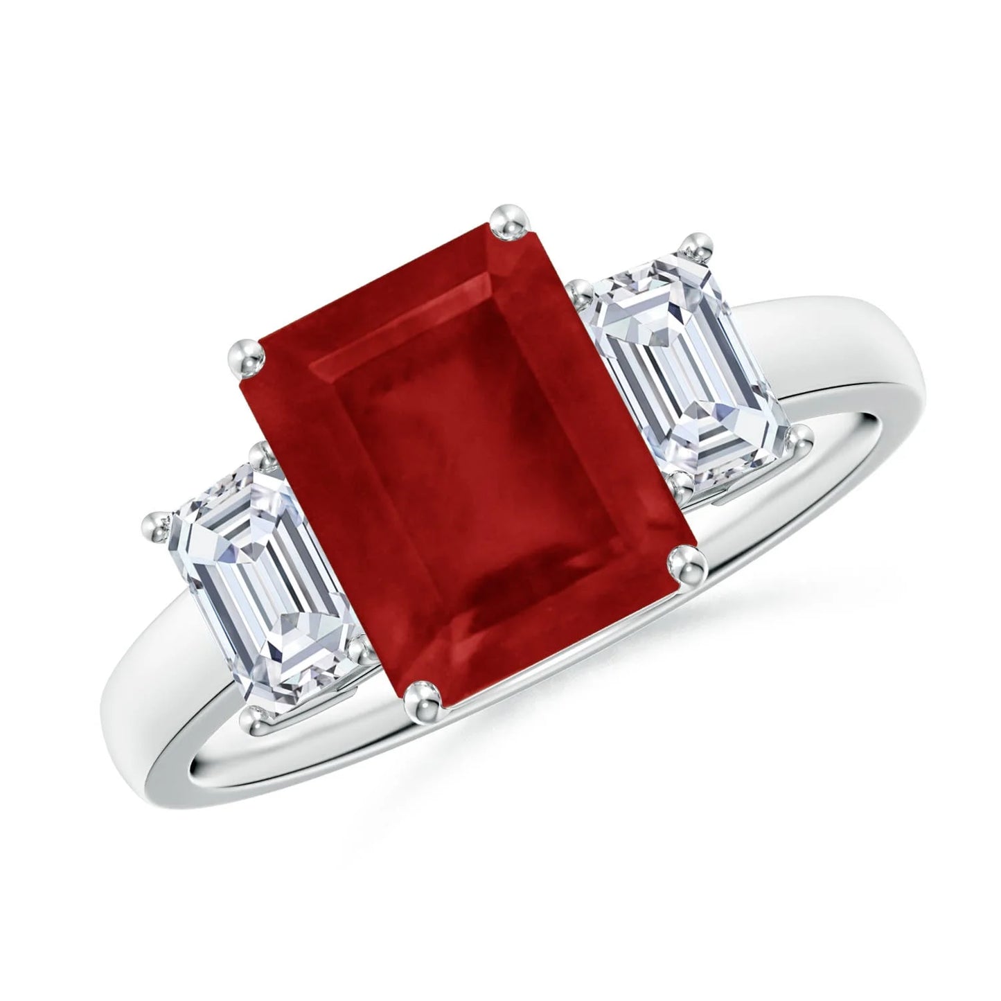 14K 18K Gold Emerald-Cut Natural Ruby and Three Diamond Accent Stone Engagement Ring Luxury Fine Jewelry Solitaire Unisex Ring