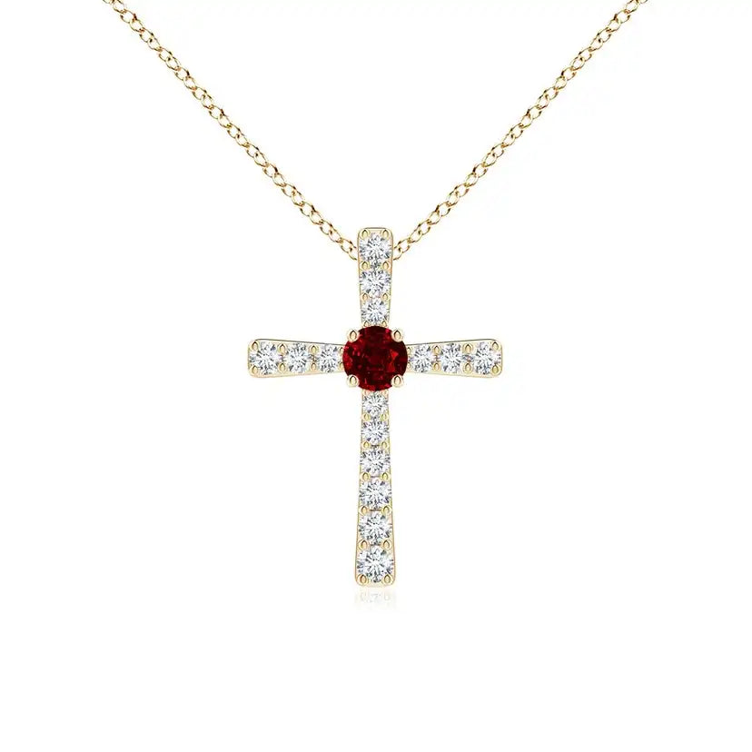 14K Gold Gold IGI Certified Red Ruby Center Stone and Diamond Studded Cross Pendant Christian Catholic Religious Cross Pendant