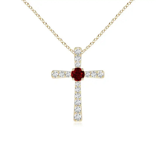 14K Gold Gold IGI Certified Red Ruby Center Stone and Diamond Studded Cross Pendant Christian Catholic Religious Cross Pendant