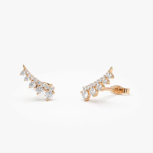 14k Gold Ear Climber Stud Earrings with 0.31ct Natural Diamond Women's Fine Jewelry Third Party Certified Custom Handmade Studs