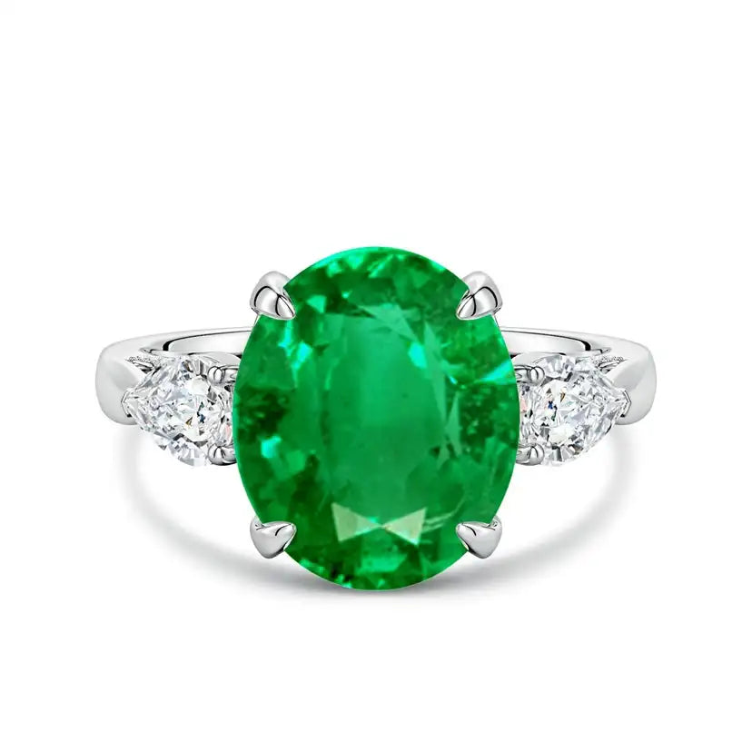 14K Solid Gold Oval Emerald and Sideways Pear Diamond Three-Stone Engagement Ring Handmade Customized Fine Jewelry Wedding