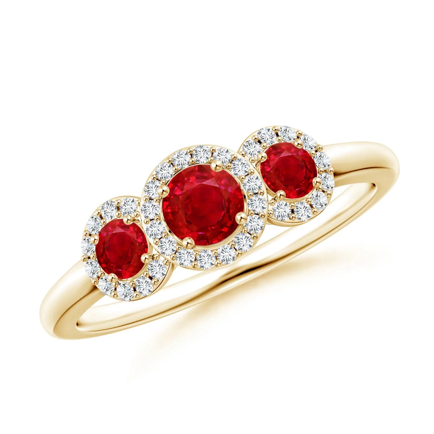 14K 18k Solid Gold Round Cut Ruby Three Stone Halo Engagement Ring with Accent Pave Diamonds Custom Handmade Fine Jewelry Ring