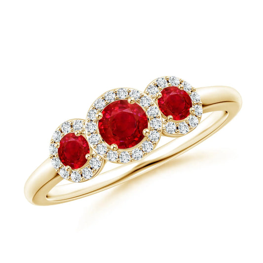 14K 18k Solid Gold Round Cut Ruby Three Stone Halo Engagement Ring with Accent Pave Diamonds Custom Handmade Fine Jewelry Ring