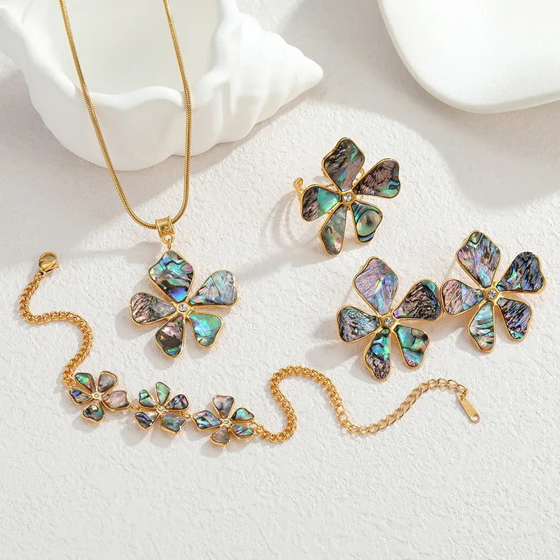 REDheart Stainless Steel Gold Plated Abalone Shell Flower Necklace Accessory Set for Women Versatile Bracelet Earrings Ring Jewelry Gifts