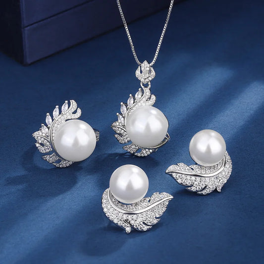 High Quality Imitation White Pearl Jewelry Set Feather Design CZ Pendant Necklace Ring Stud Earring Elegant Tahitian Pearl Gifts