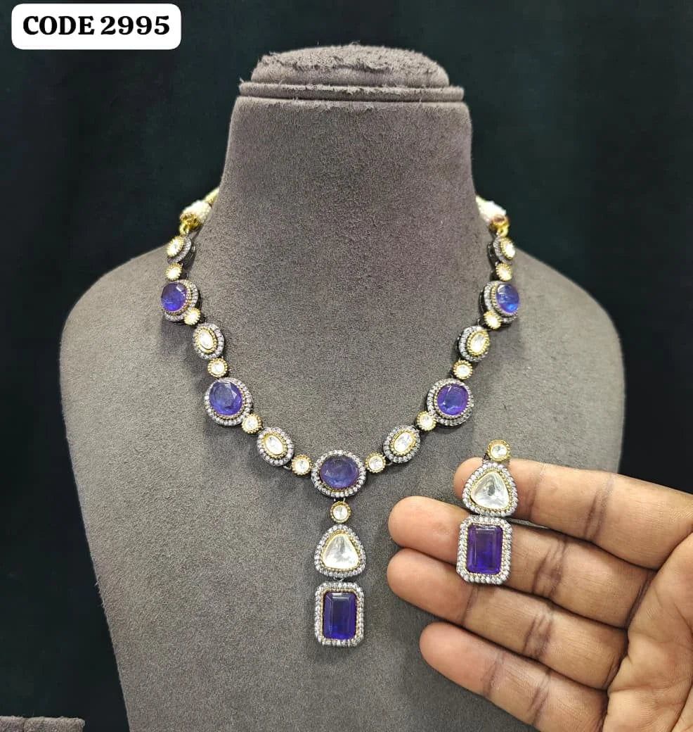 Luxury Royal Violet Crystal Pendant Necklace Set Gold Plated Brass Designer Wedding Party Jewelry for Women Collection  Product