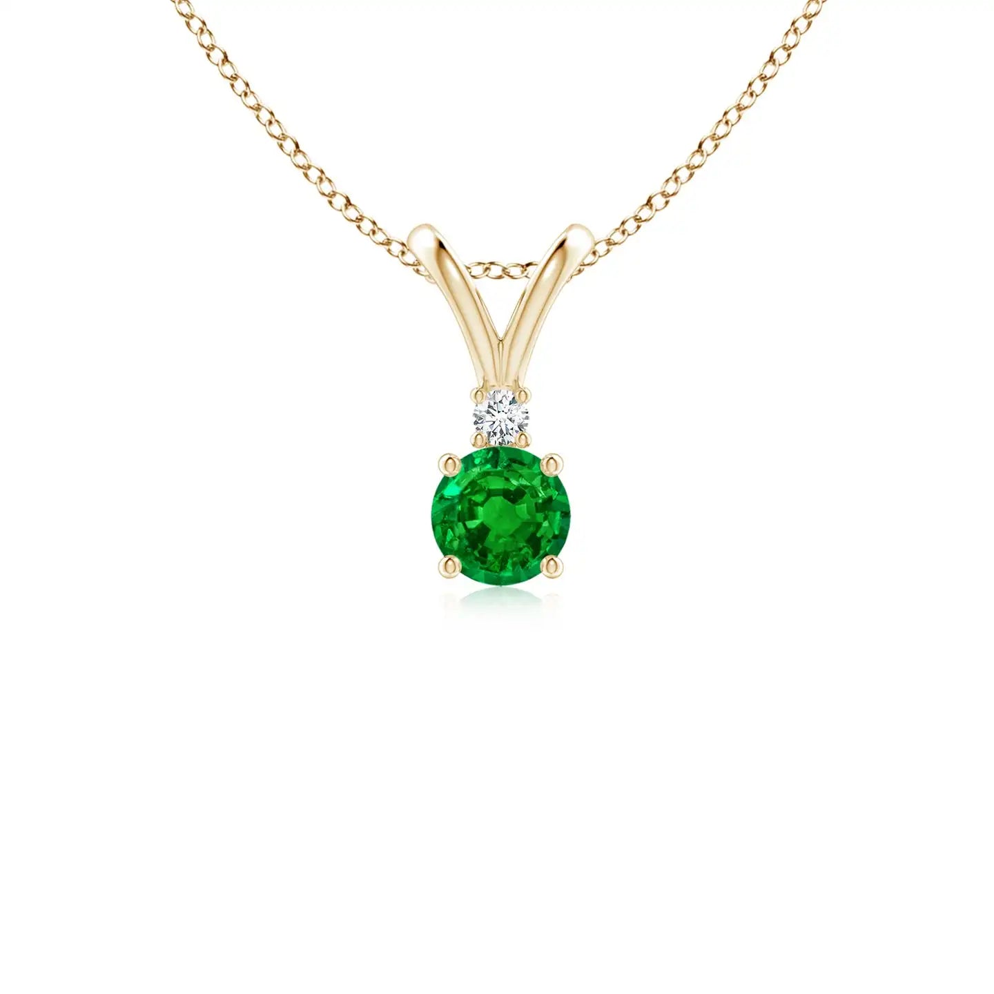 14K Solid Gold Natural Emerald Round Solitaire V-Bale Pendant With Diamond Classic Fine Jewellery Anniversary Gift For Her 2026