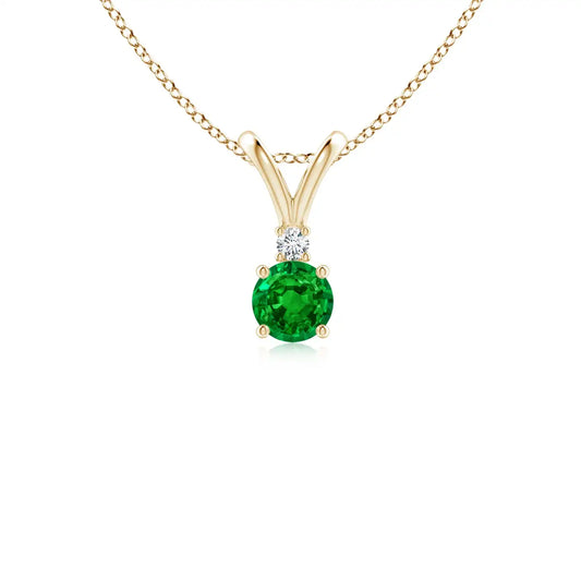 14K Solid Gold Natural Emerald Round Solitaire V-Bale Pendant With Diamond Classic Fine Jewellery Anniversary Gift For Her 2026