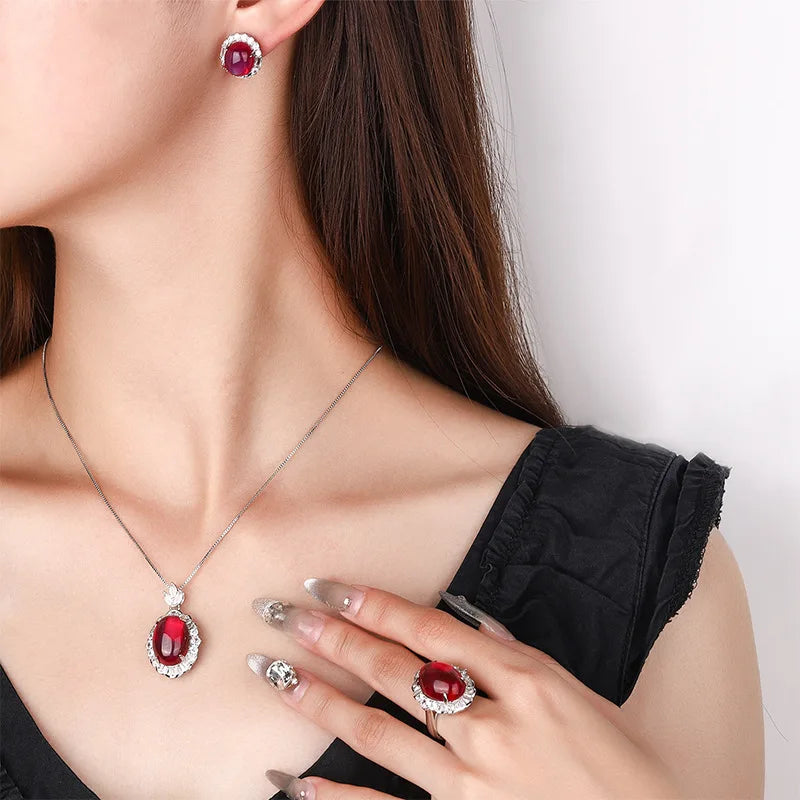 Gemfiori Luxury Pigeon Blood Ruby Jewelry Set Cabochon Cut Red Gem Halo Pendant Necklaces Earring Rings Timeless Classic Elegant Wedding