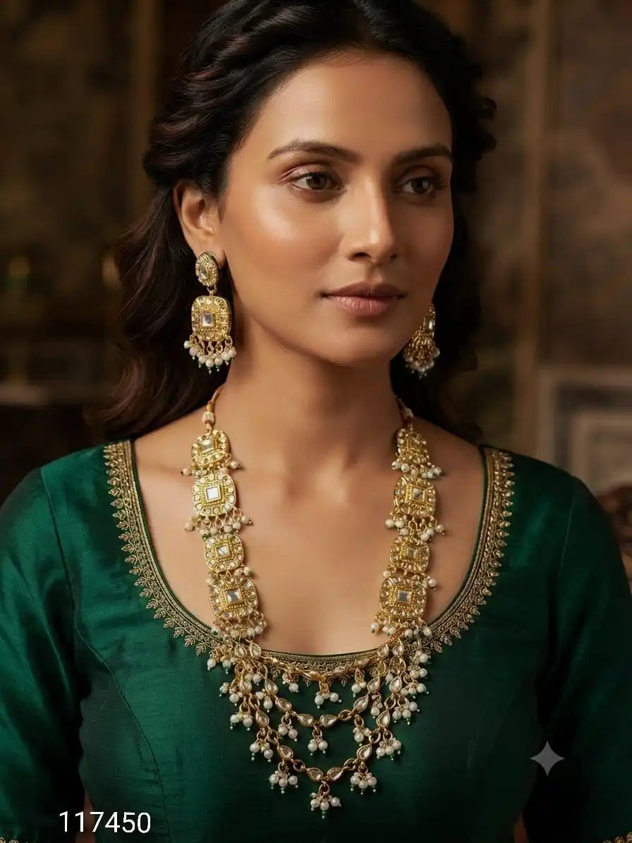 Royal Heritage Kundan Long Necklace Set Gold Plated Asscher Cut Traditional Wedding Party Premium Jewelry for Women Jewelery Set