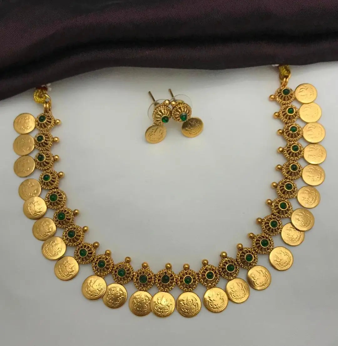 Designer Antique Gold Coin Necklace Temple Lakshmi Ruby Stone Ethnic Bridal Wedding Party Wear Jewelry Wholesale Set For Women's