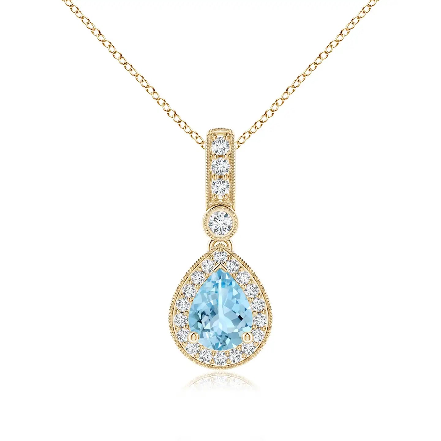IGI Certified 14k Gold Genuine 6x4mm 0.35Ct Pear-Cut Aquamarine Pave Diamond Halo Pendant Handmade Fine Jewelry Teardrop Pendant