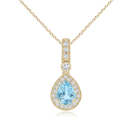 IGI Certified 14k Gold Genuine 6x4mm 0.35Ct Pear-Cut Aquamarine Pave Diamond Halo Pendant Handmade Fine Jewelry Teardrop Pendant