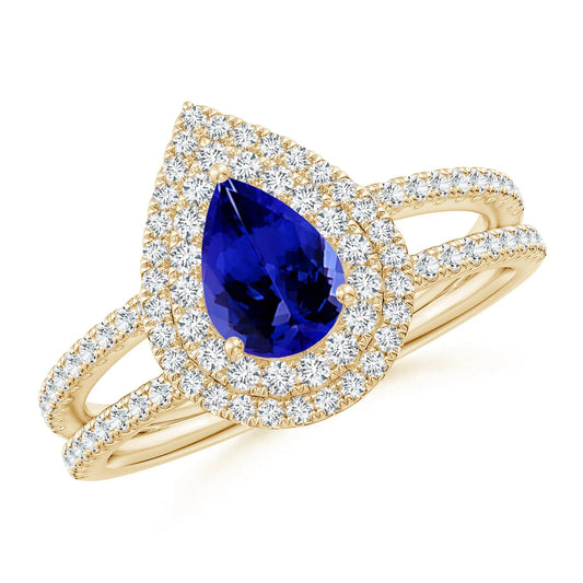 14K Solid Gold Pear Cut Natural Tanzanite and Diamond Double Halo Split Shank Ring Handmade Custom Fine Jewelry Engagement Ring