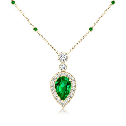 18K Solid Inverted Pear Cut Natural IGI Certified Claw Sett 0.85 Ctw Emerald Pendant With 0.21Ctw Accented Pave Diamond Pendant