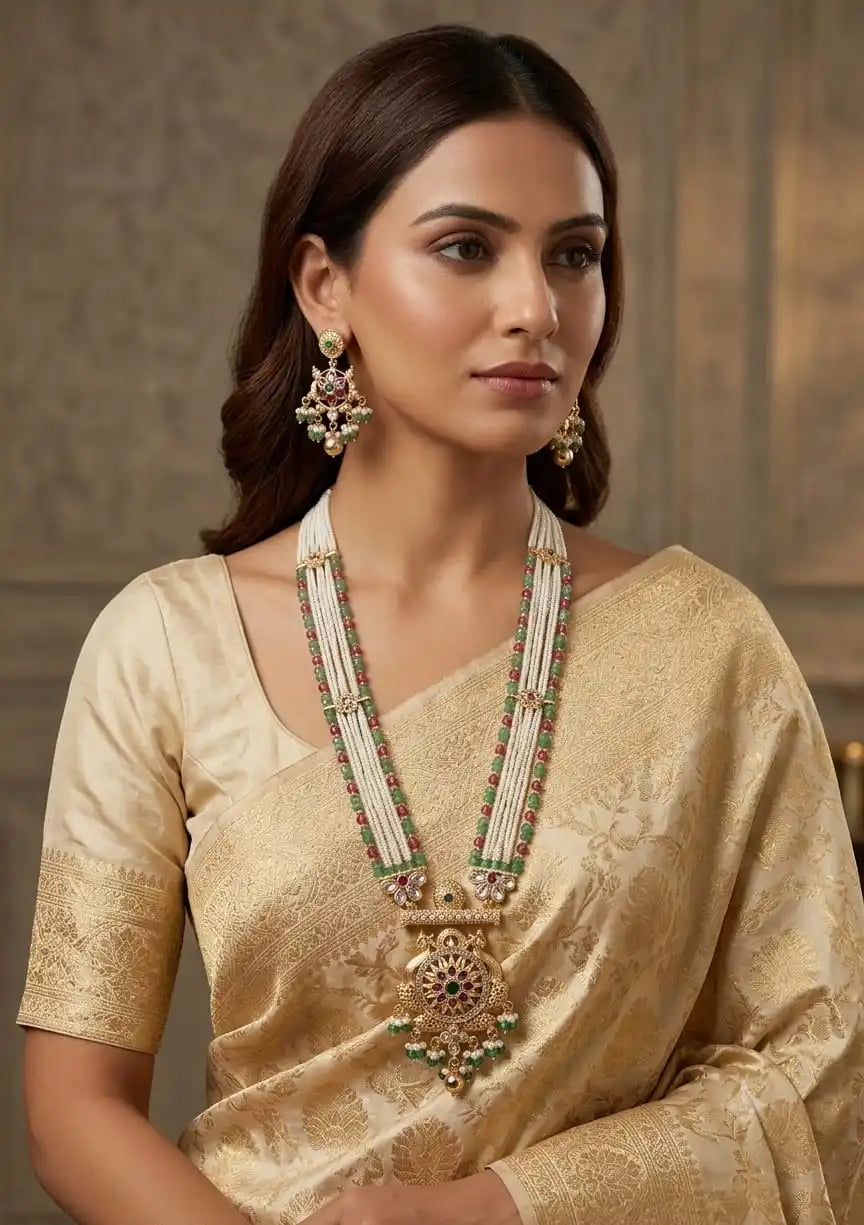 Luxury Antique Gold Green Pearl Beaded Long Pendant Necklace Set with Matching Earrings Traditional Copper Bridal Jewelry Set