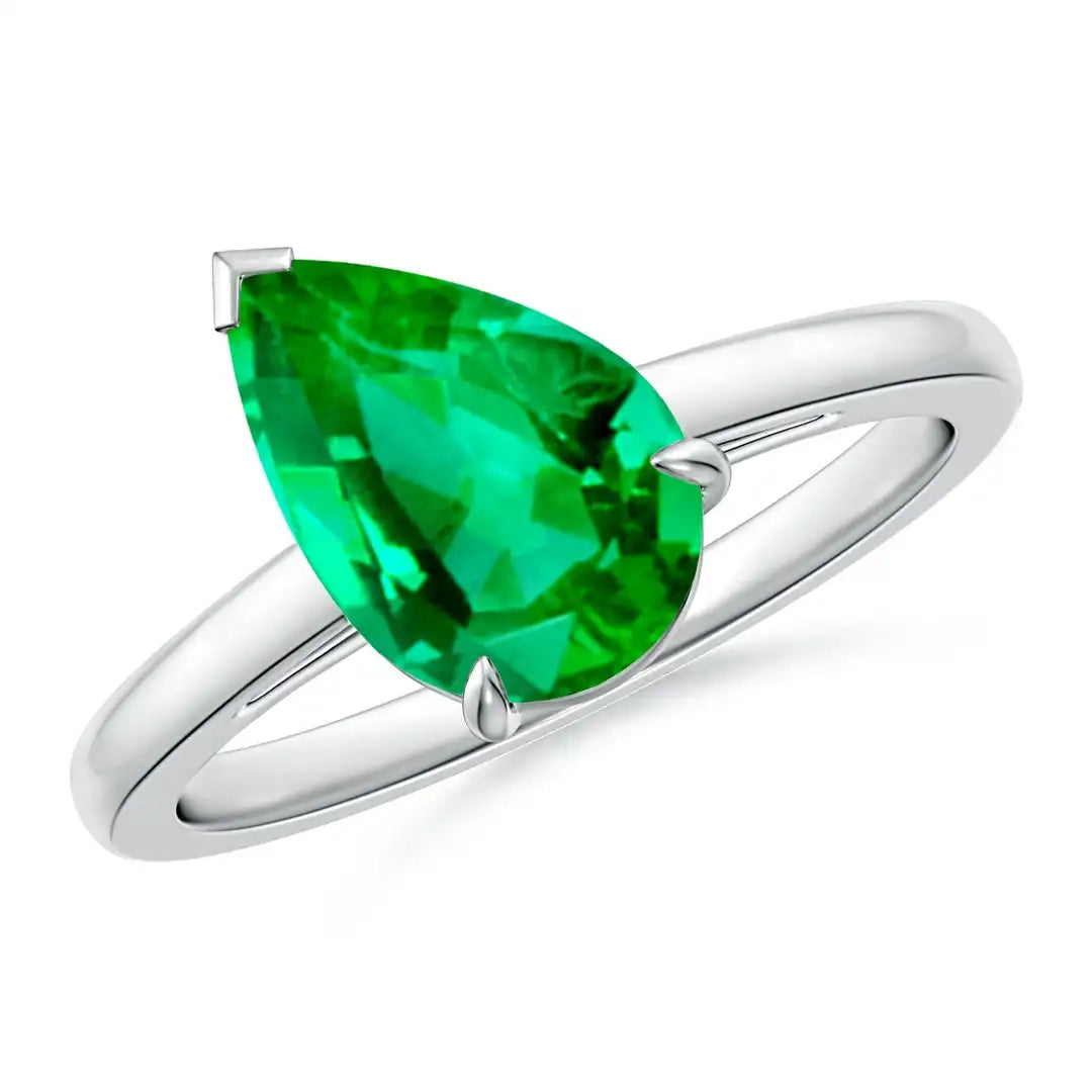 14K Solid Gold Claw-Set Tilted Pear Emerald Solitaire Engagement Ring Handmade Customized Fine Jewelry Wedding