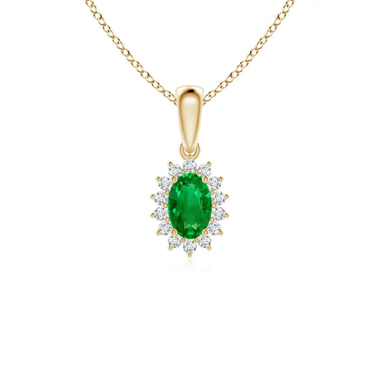 14K Solid Gold Natural Oval Emerald Pendant With Floral Diamond Halo Classic Fine Jewellery Anniversary Gift For Her 2026
