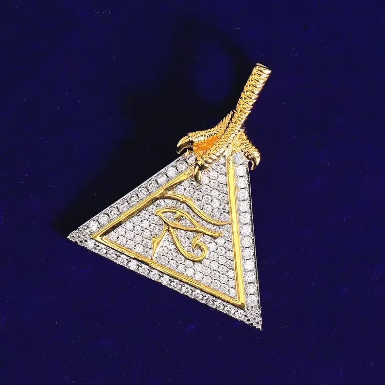 BiG-BOSS Iced Out Eye of Horus Pyramid Pendant with Moissanite and Bezel Setting in Sterling Silver Hip Hop Jewelry for Men and Women