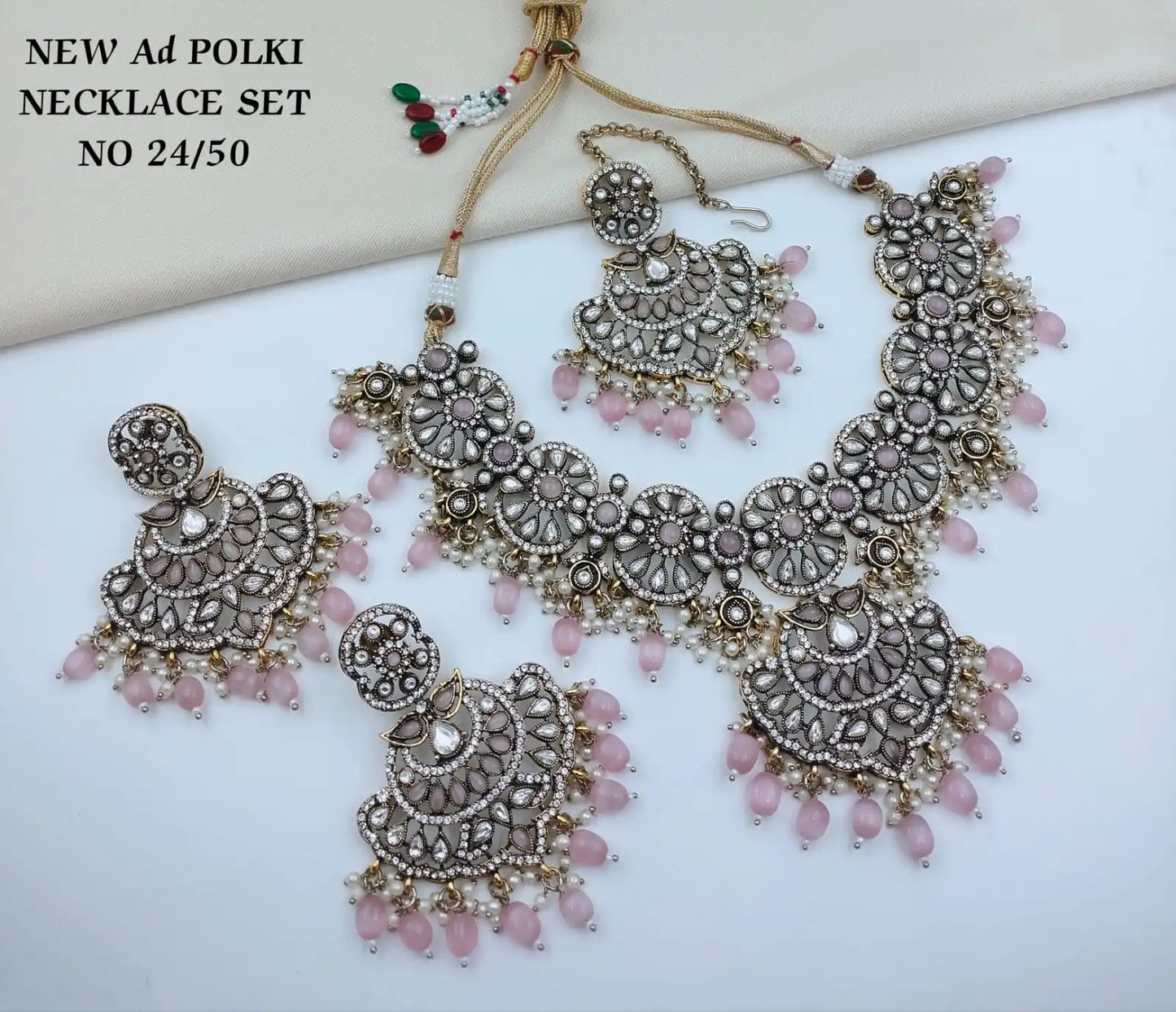 Luxury Pink Floral AD Necklace Set with Matching Earrings and Maang Tikka Cubic Zirconia Rhodium Plated Bridal Wedding For Women
