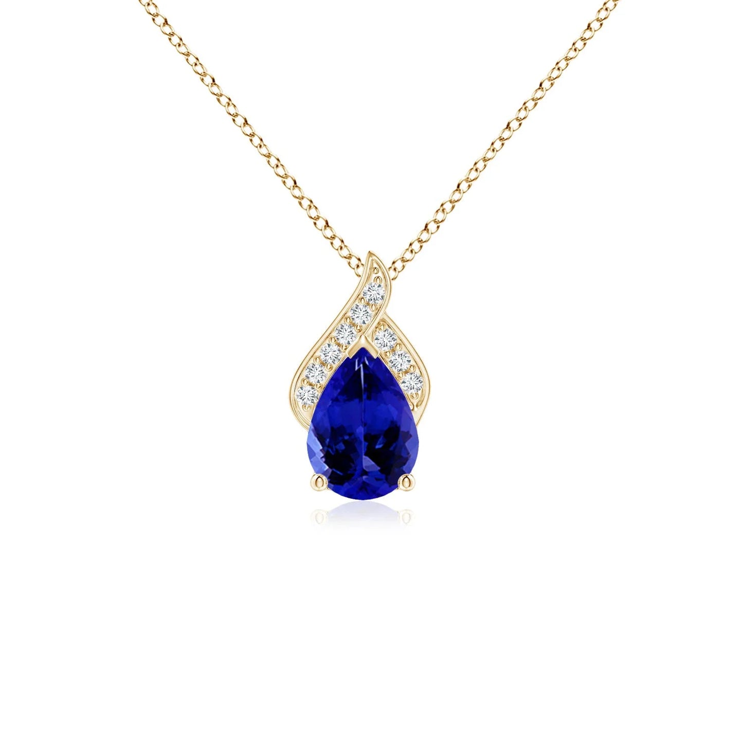 IGI Certified Pear-Cut Natural 0.35 Ct Tanzanite Solitaire & Pave Diamond 14K Gold Flame Pendant Classic Party Wear Necklace