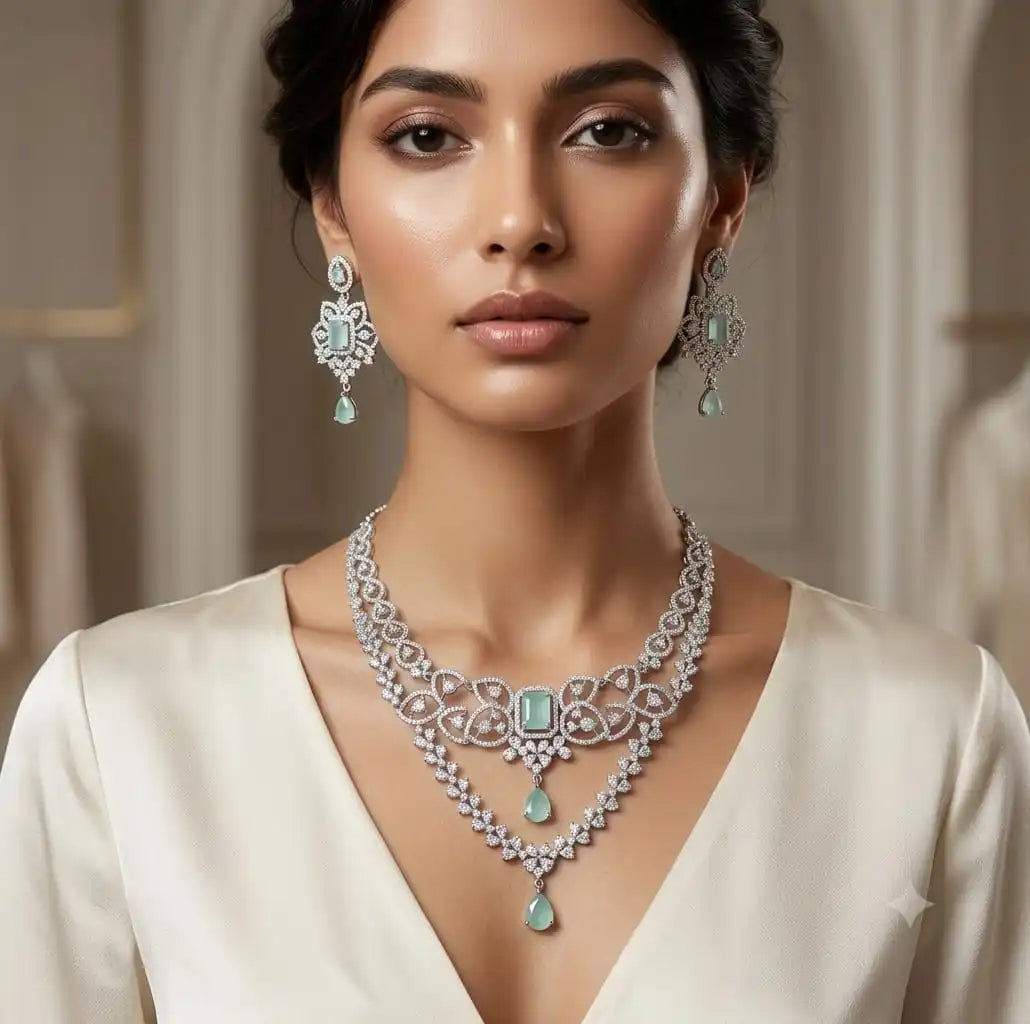 Trending Mint Green CZ Necklace Set Luxury Wedding Jewelry Cubic Zirconia Choker Set Bridal Fine Accessories For Women Fashion