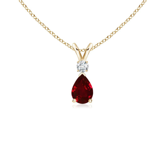 2026 18K Pure Gold Natural Pear Cut Red Ruby & Diamond Teardrop V-Bale Pendant Party Wear Luxury Jewelry Pendant Chain Necklace
