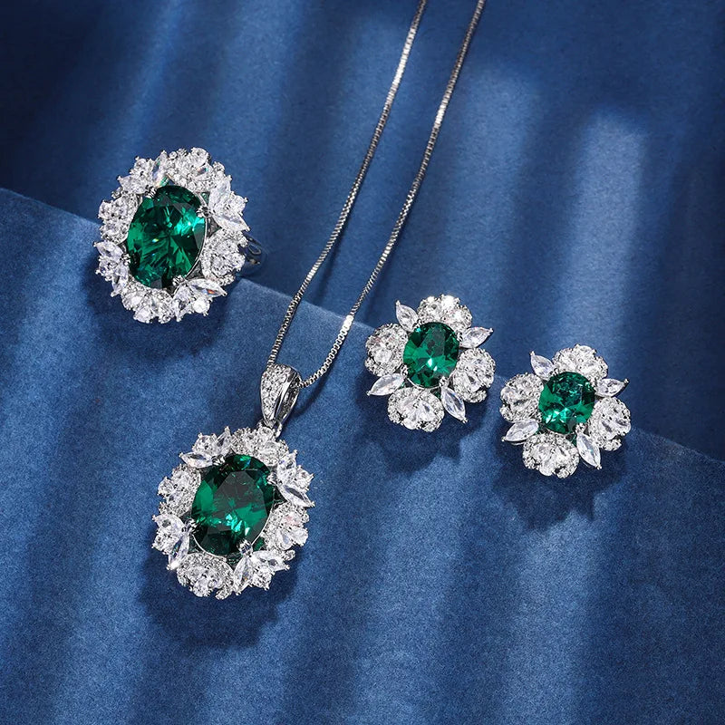 Gemfiori Luxury Women Flower Gemstone Jewelry Set Necklace Ring Earring Fashion High Quality CZ Synthetic Emerald Woman Wedding Jewellery